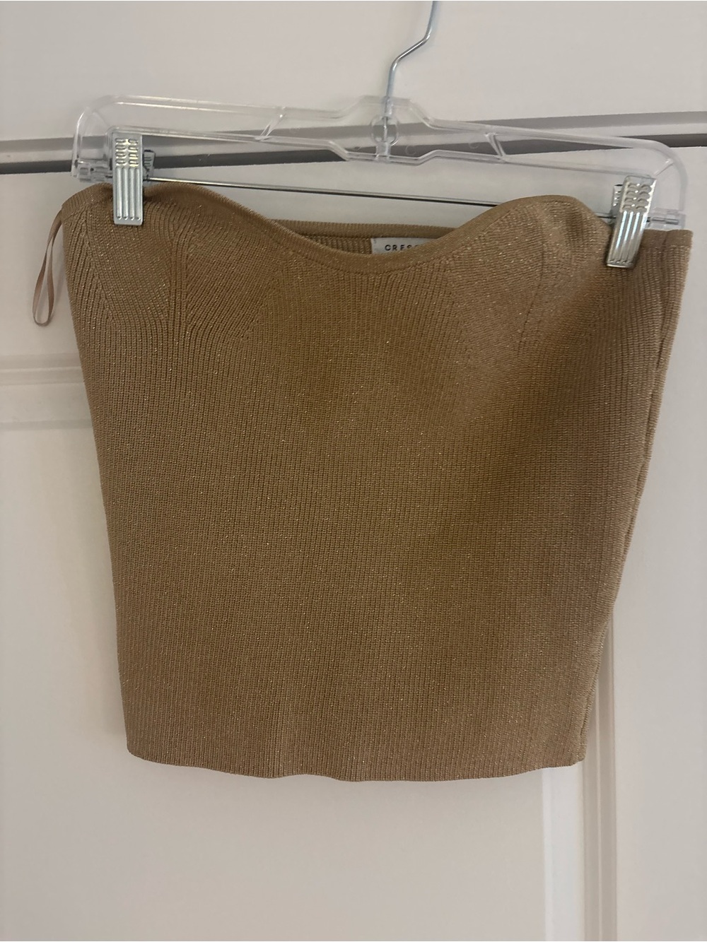 Crescent Metallic Knit Strapless Crop Top in Camel